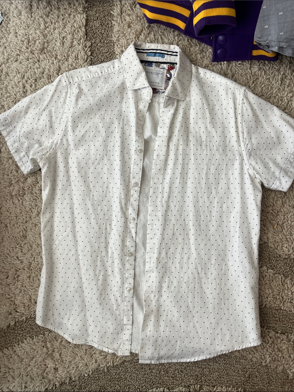 Denim & Flower White Short-Sleeve Button-Down with Black Dot Print